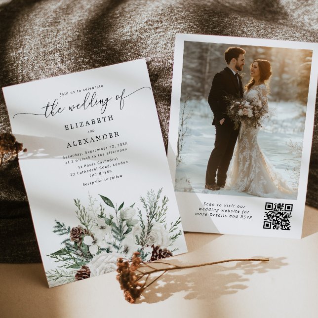 Invitation À feuillage persistant élégance mariage d'hiver QR (Créateur téléchargé)