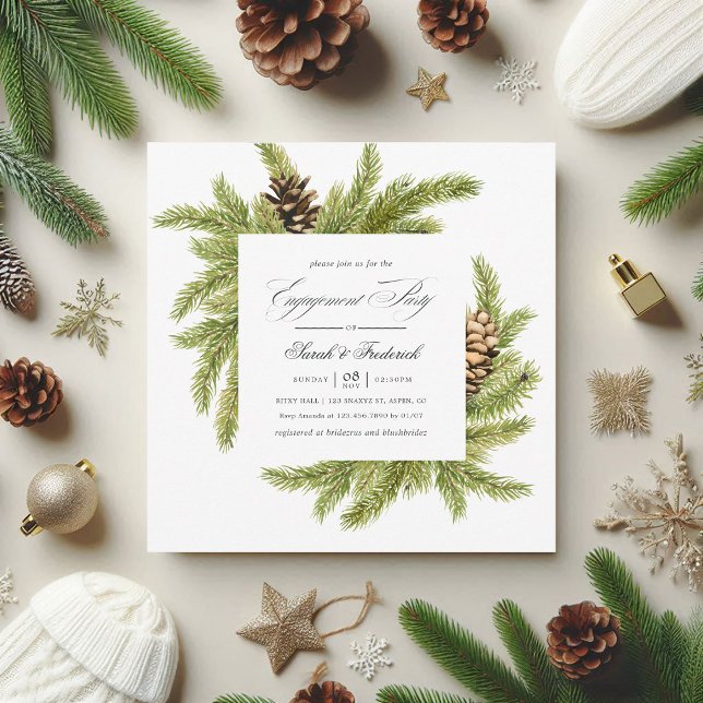Invitation À feuillage persistant Winter Pines Fête (Evergreen Winter Pines Holiday Engagement Party Invitation)