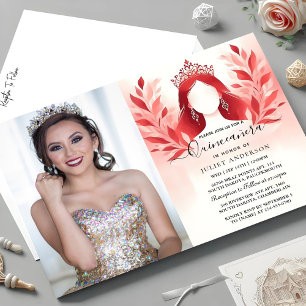 Invitation À Hot rose Crown Tiara Black Lace Red Quinceanera
