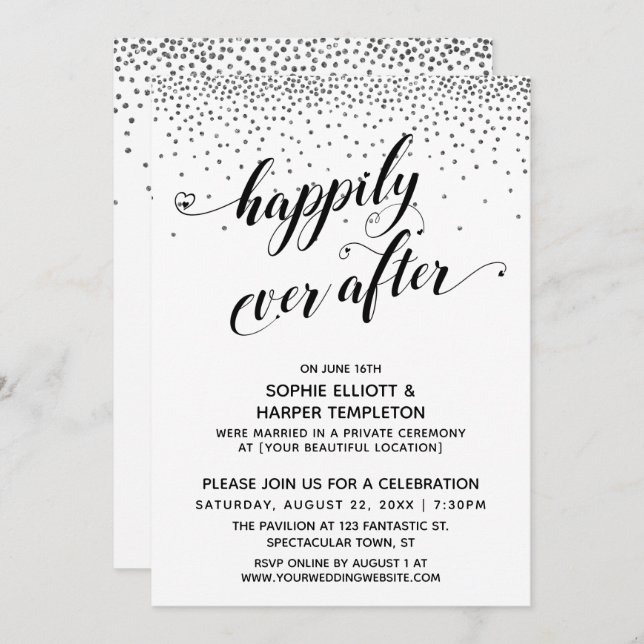 Invitation À jamais, coeurs de script "Happily Ever Ever" con (Devant / Derrière)