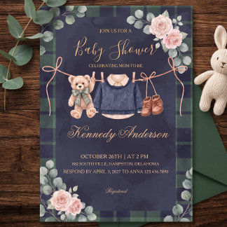 Invitation à la baby shower à carreaux avec un our