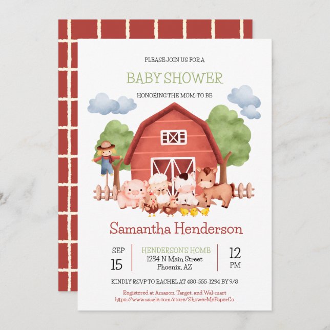 Invitation à la Baby Shower à la Ferme Red Barn (Devant / Derrière)