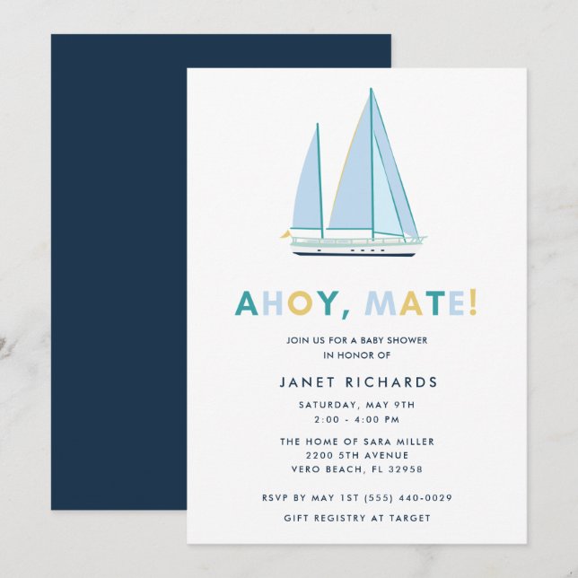 Invitation à la baby shower « Ahoy Mate » sur le t (Devant / Derrière)