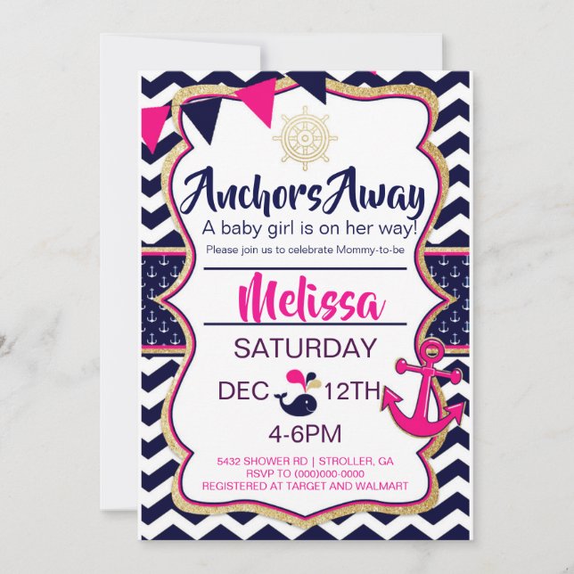 Invitation à la baby shower 'Anchors Away' (Devant)