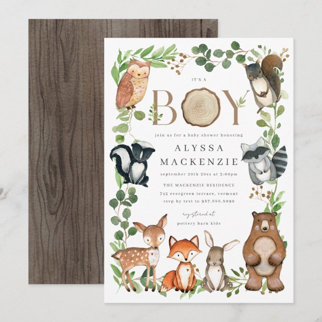 Invitation à la Baby Shower Animaux de la Forêt (Devant / Derrière)