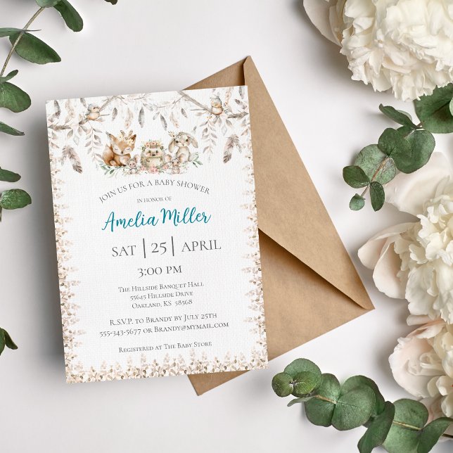 Invitation à la Baby Shower Animaux de la Forêt Bo (Woodland Babies Boho Forrest Baby Shower Invitation)