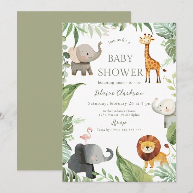 Invitation à la baby shower Animaux de la Jungle (Devant / Derrière)