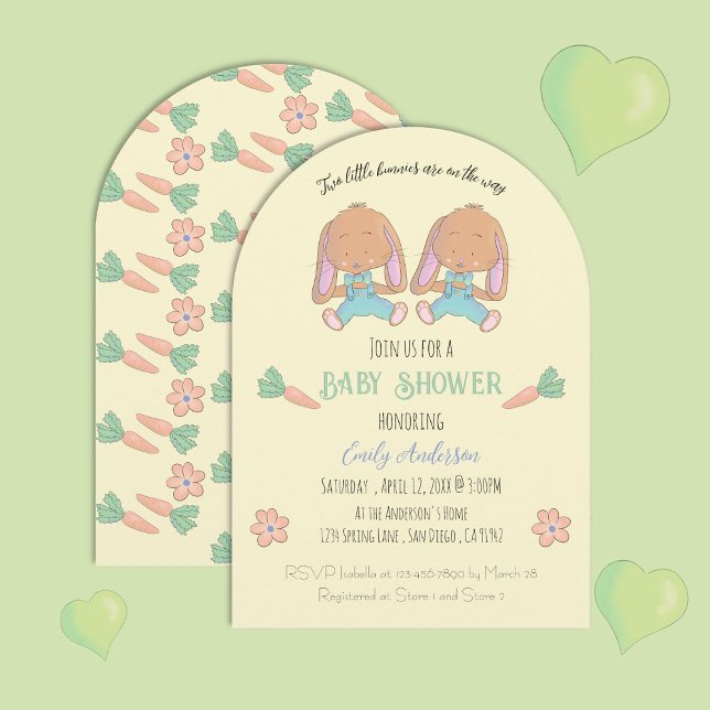 Invitation à la baby shower arc jaune lapins jumea (Cute twin bunnies arched baby shower invitation .)