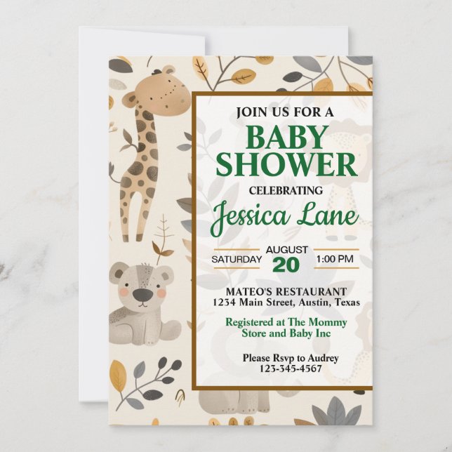 Invitation à la baby shower avec des animaux de sa (Devant)