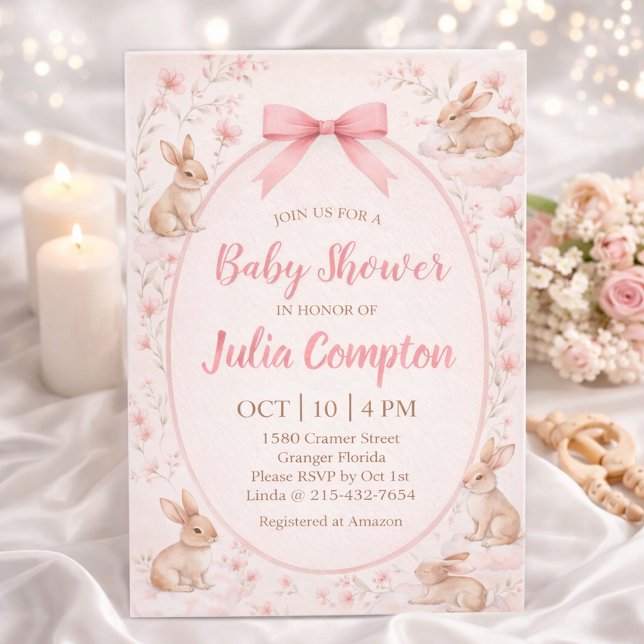 Invitation à la baby shower avec lapin et fleurs d (Créateur téléchargé)