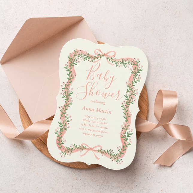 Invitation à la baby shower avec ruban et verdure (Créateur téléchargé)