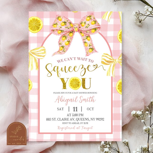 Invitation à la baby shower avec ruban rose et cit (Créateur téléchargé)