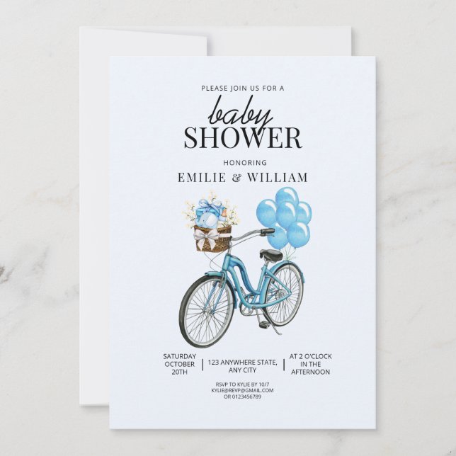 Invitation à la Baby Shower Baby Blue Bike, C'est  (Devant)