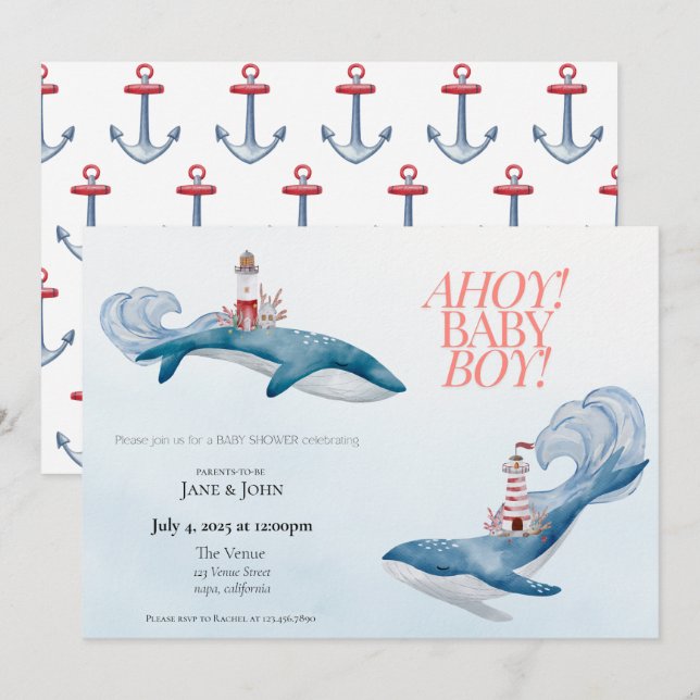 Invitation à la baby shower Baleine Naútic (Devant / Derrière)