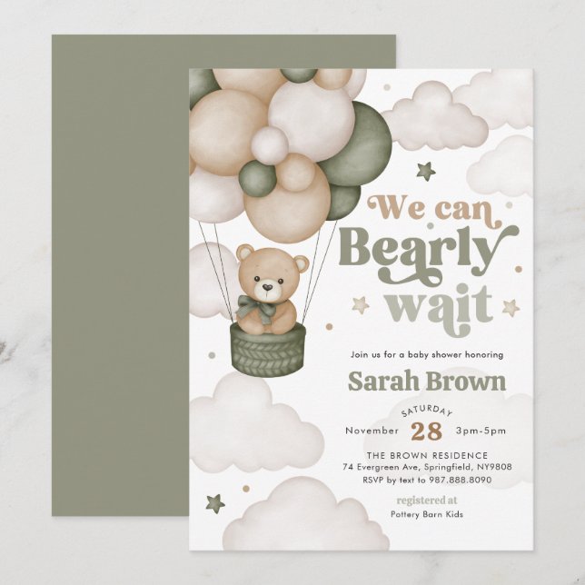 Invitation à la baby shower ballon ours vert (Devant / Derrière)