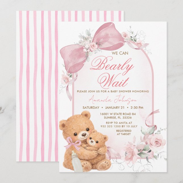 Invitation à la baby shower Bearly Wait avec un nœ (Devant / Derrière)