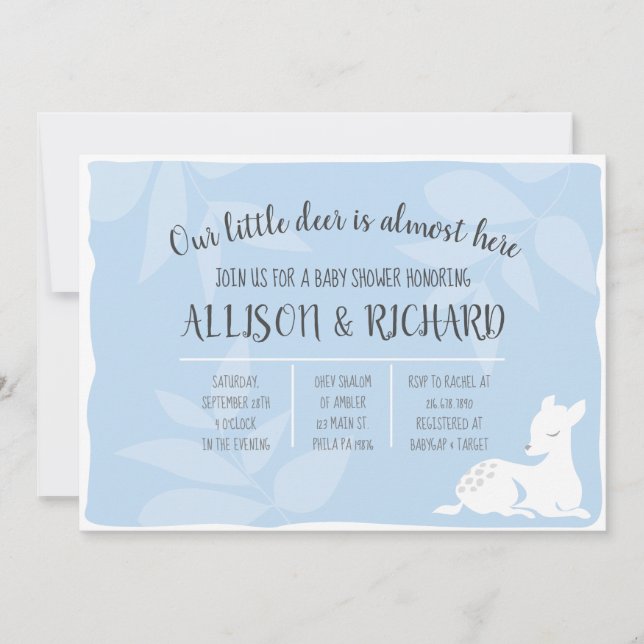 Invitation à la baby shower BÉBÉ BLEU Cerf de jard (Devant)