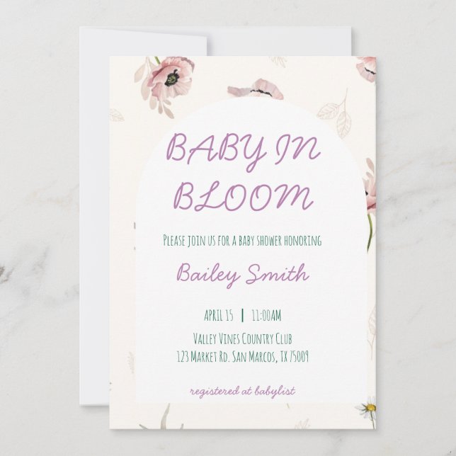 Invitation à la baby shower "Bébé en fleurs" (Devant)