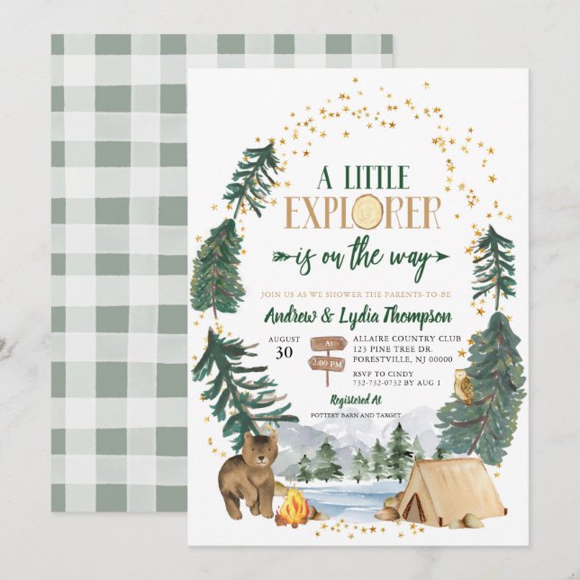 Invitation à la baby shower Bébé Petit Explorateur (Devant / Derrière)