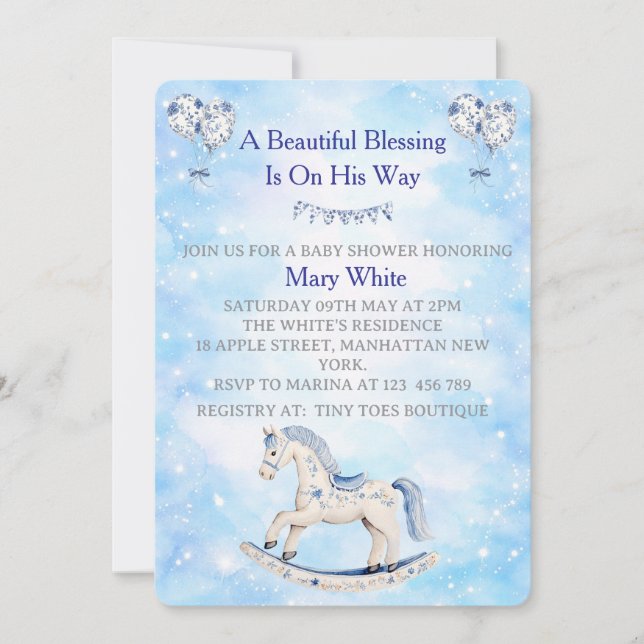 Invitation à la baby shower Bleu Chinoiserie (Devant)