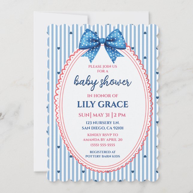 Invitation à la baby shower Blue Stripe and Bow (Devant)