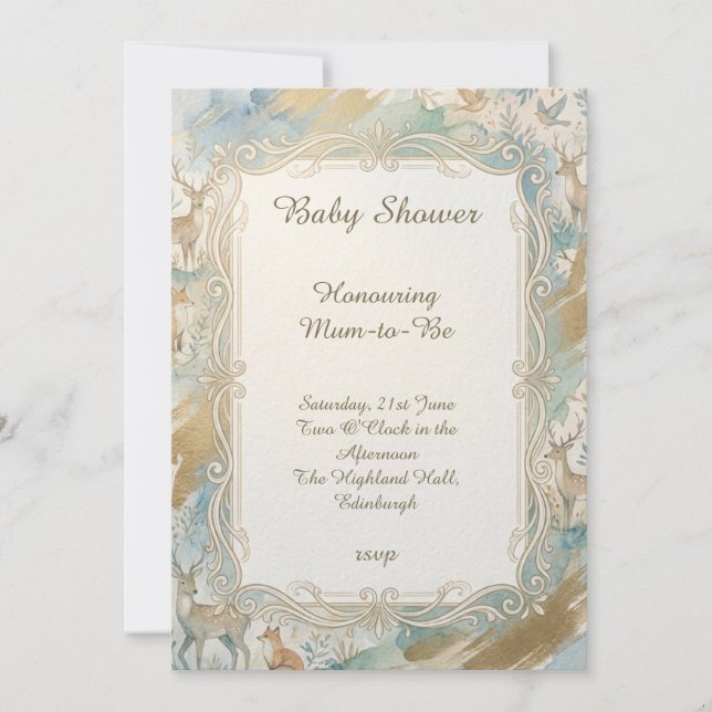 Invitation à la baby shower Bois Doré Bleu (Devant)