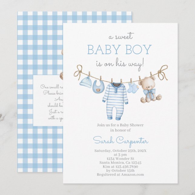 Invitation à la baby shower Boy Bear Clothesline (Devant / Derrière)