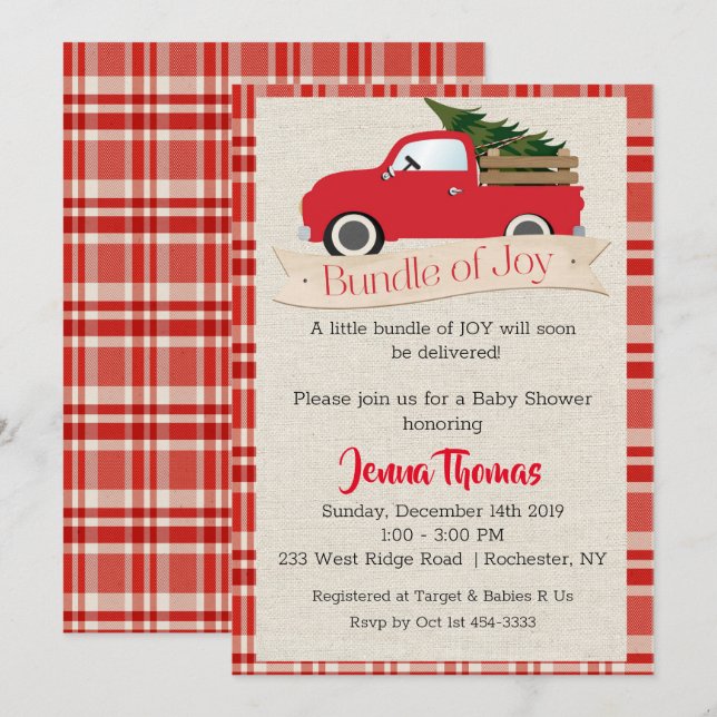 Invitation à la baby shower camion rouge (Devant / Derrière)