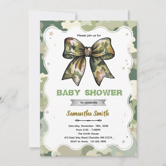Invitation à la baby shower Camo Bow Bébé (Devant)