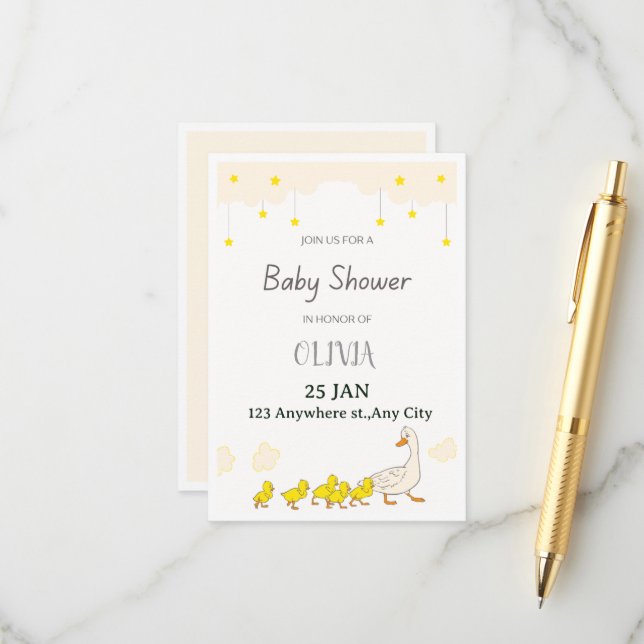 Invitation à la baby shower Canard (Devant/Arrière en situation)
