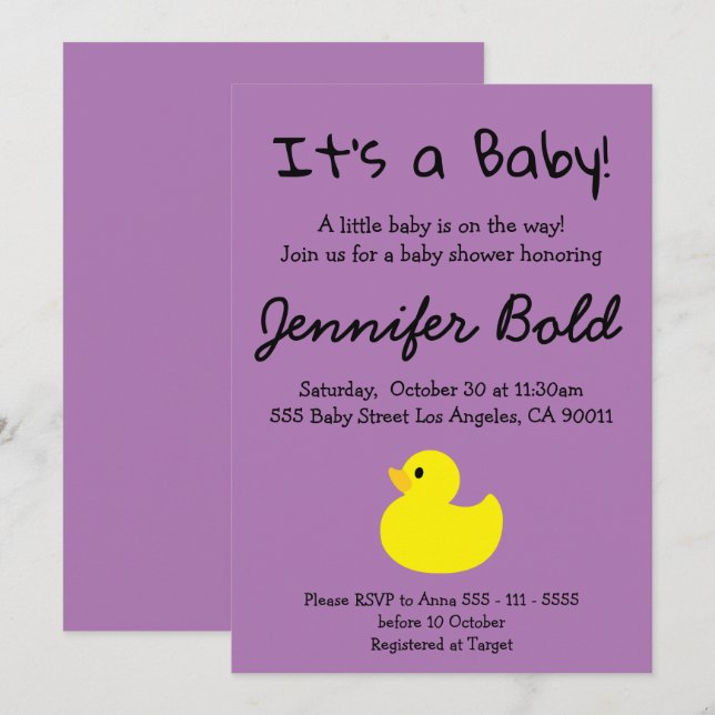 Invitation à la Baby Shower Canard Jaune (Devant / Derrière)