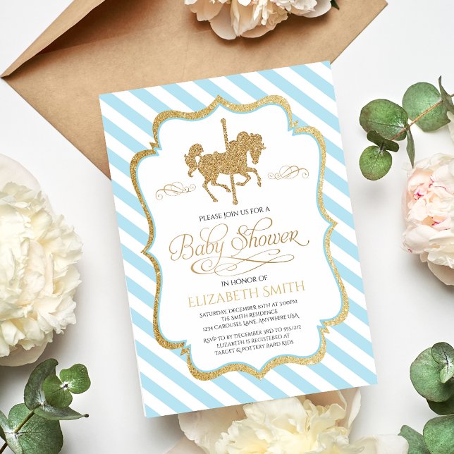 Invitation à la baby shower Carrousel Bleu Or (Créateur téléchargé)