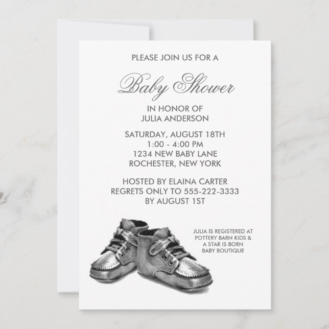 Invitation à la baby shower Chaussures bébé argent (Devant)