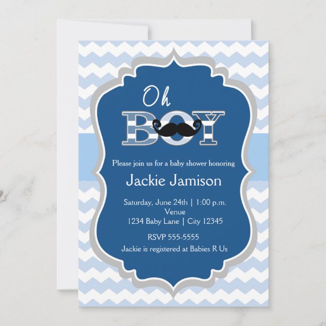 Invitation à la baby shower Chevron Moustache Bleu (Devant)