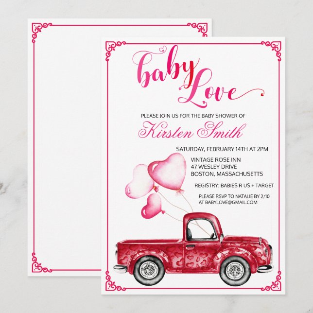 Invitation à la baby shower Cœurs Ballons Bébé Amo (Devant / Derrière)