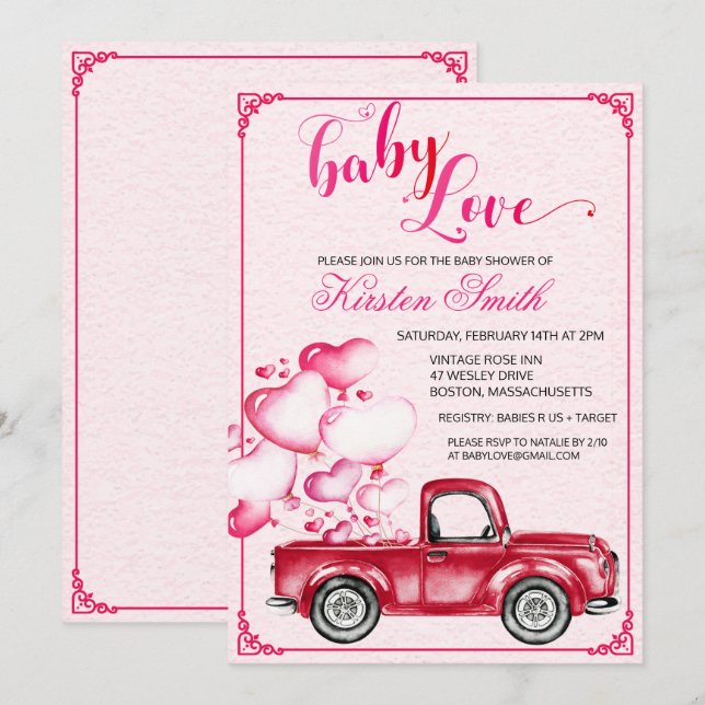 Invitation à la baby shower Cœurs Ballons Bébé Amo (Devant / Derrière)