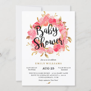 Invitation à la baby shower Couronne de fleurs ros