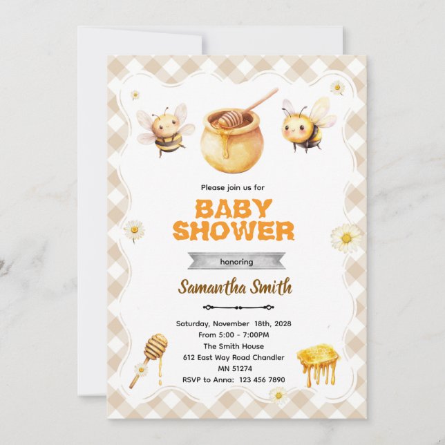 Invitation à la baby shower de bébé abeille à miel (Devant)