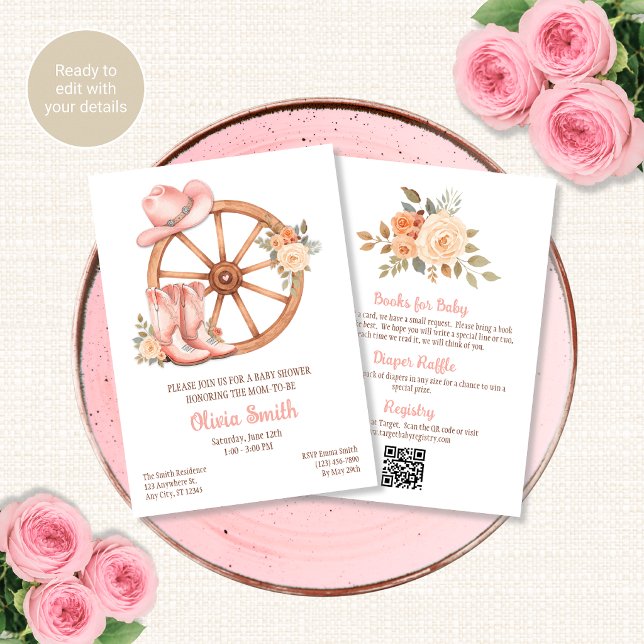 Invitation à la baby shower de Cowgirl avec QR Cod (Créateur téléchargé)