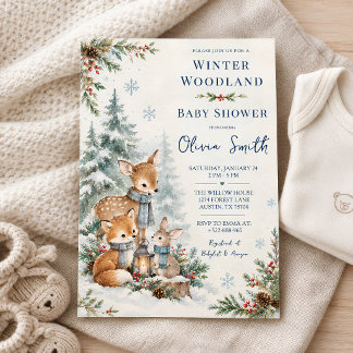 Invitation à la baby shower de la forêt hivernale