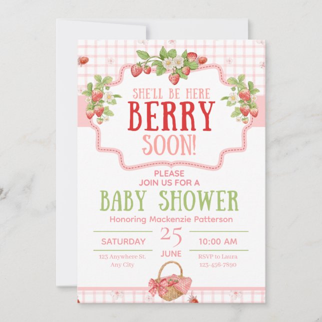 Invitation à la baby shower d'été Fraise (Devant)
