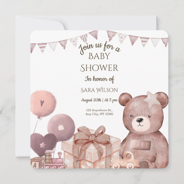 Invitation à la baby shower Douce Ourson (Devant)