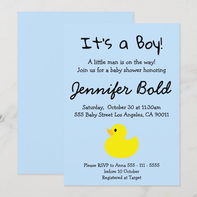 Invitation à la baby shower du garçon au canard ja (Devant / Derrière)