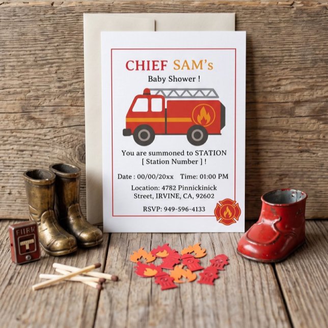 Invitation à la baby shower du petit pompier (Firefighter Baby Shower Invitation)