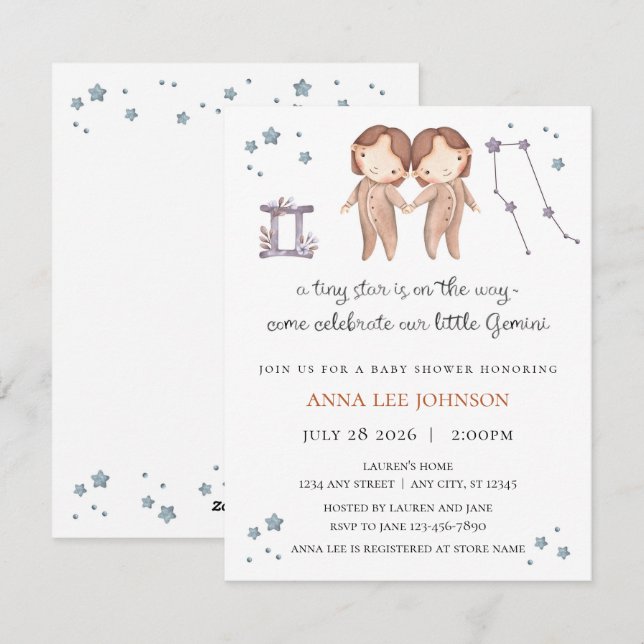 Invitation à la baby shower du zodiaque Gémeaux (Devant / Derrière)