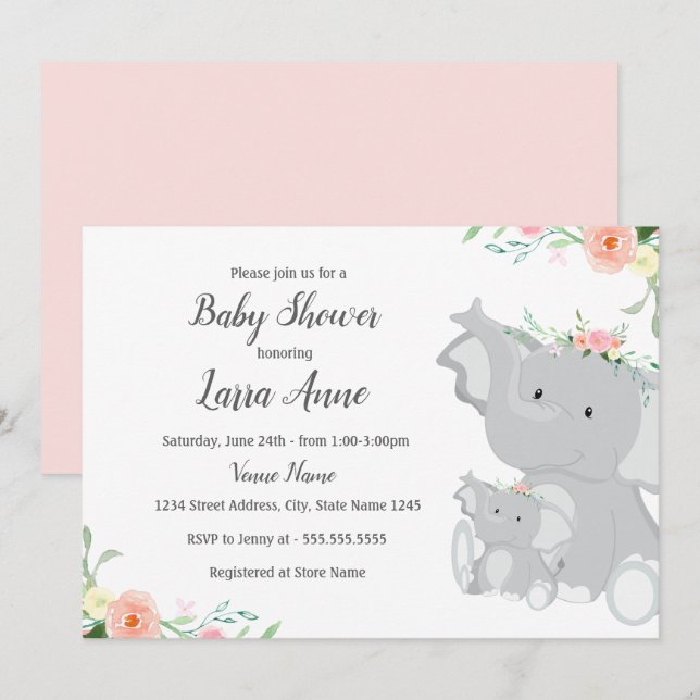 Invitation à la baby shower éléphant bébé fille (Devant / Derrière)