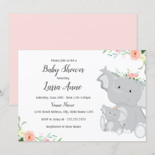 Invitation à la baby shower éléphant bébé fille