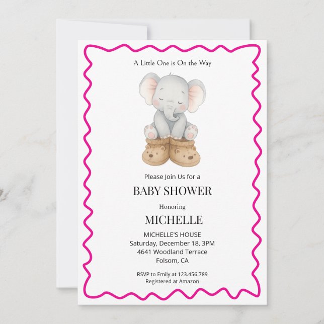 Invitation à la baby shower éléphant bébé rose mig (Devant)