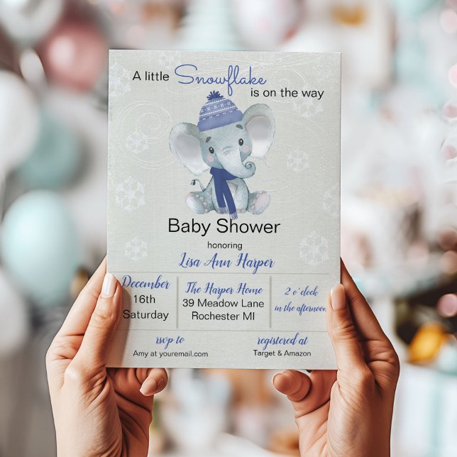 Invitation à la Baby Shower Éléphant d'Hiver (Créateur téléchargé)
