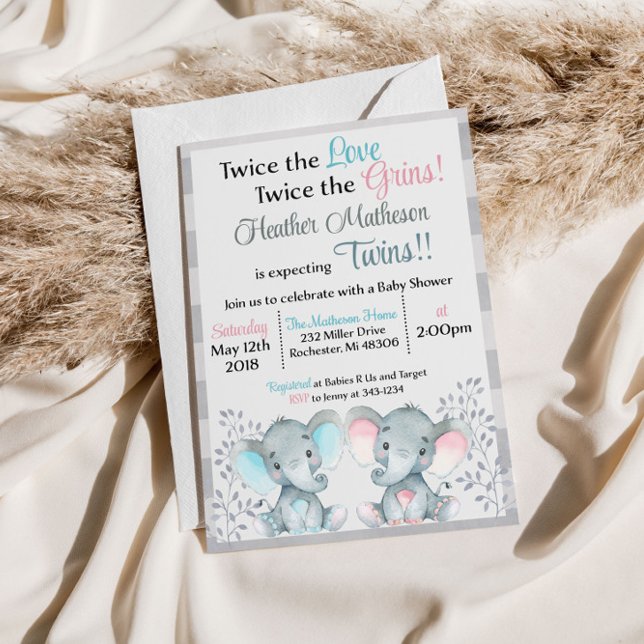 Invitation à la baby shower éléphant jumeau (Créateur téléchargé)